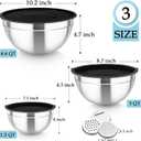 TeamFar Mixing Bowls, Stainless Steel Nesting Salad Bowls with Lids Set of 3 & 3 Grater Attachments, For Mixing/Serving/Storing, Non-toxic & Long-lasting, Size 4.6/3 / 1.5 QT, Black