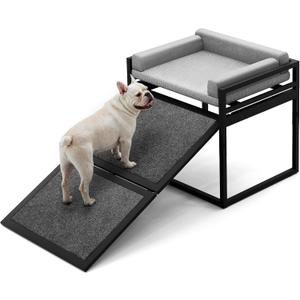 Pet Stairs Ramp Dog with Detachable 20% Wider Seat Mate,Companion Chair Platform for Small Doggie and Cat,Dachshund Puppy Non-Slip Ladder Perch,Doggy Step for High Bed Window Sofa Office Grey (Gray)
