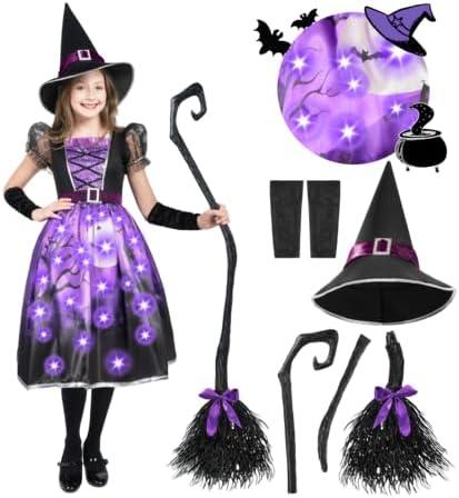 Spooktacular Creations Light-up Witch Costume for Girls, Toddlers Print Witch Outfit Set for Kids Halloween Dress Up Parties (Large(10-12 yrs), Purple)
