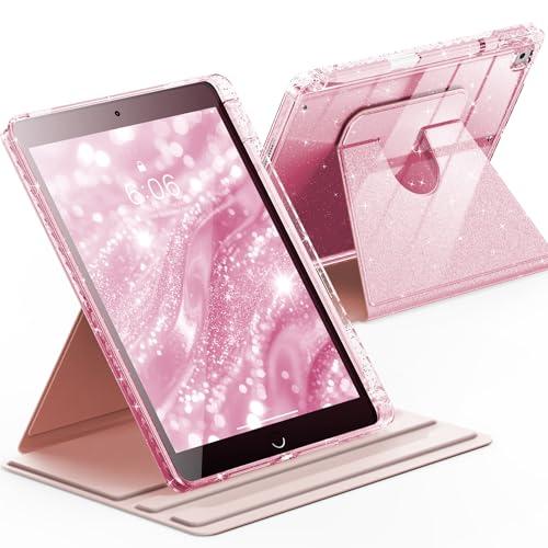 INFILAND Rotating Case for iPad 9th Generation (2021) / 8th Generation (2020) / 7th Generation (2019) 10.2 Inch 360 Rotating Cute Glitter Cover with Crystal Clear Back, Pencil Holder (Pink)