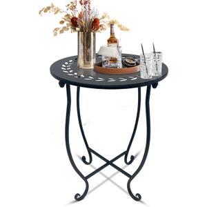 Round Side Table, 1 Pack 14 Inch Bedside Table for Living Room, Bedroom, Weather Resistant Black Metal Outdoor Side Table for Patio Balcony Yard Porch Garden, Plant Stand for Indoor Outdoor Use