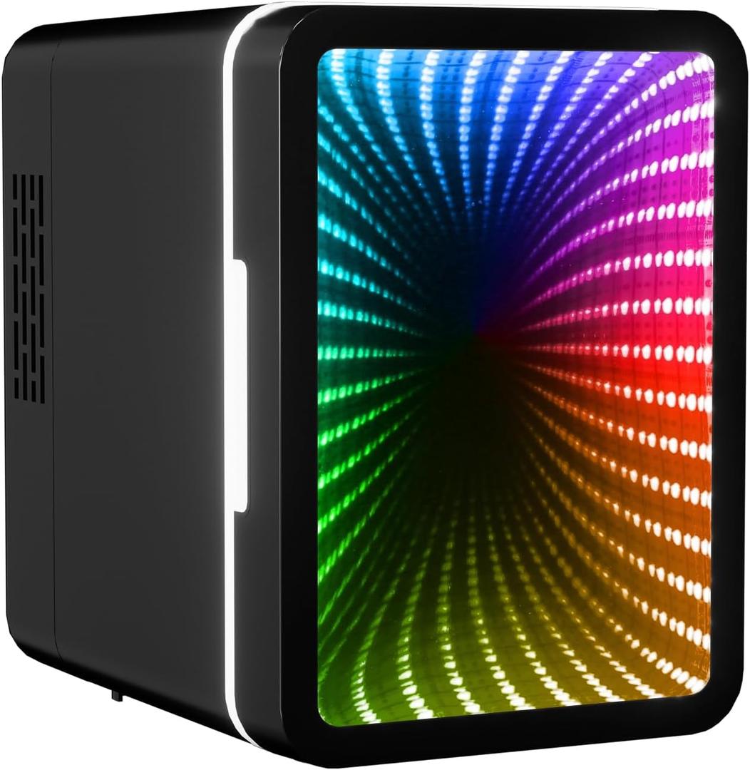 Mini Fridge(Cooling/Heating Container), 6 Cans Small Refrigerator With LED Light, AC/DC Thermoelectric Cooler and Warmer, Ideal for Bedroom, Office, Gaming Room and Car, 12 Colors Light Effects