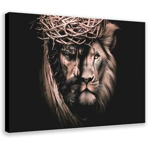 Jesus And The Lion of Judah Vintage Abstract Canvas Wall Art - Aesthetic Decorative Poster Prints for Modern Living Rooms Bedrooms And Bars 18x12inch(45x30cm) Frame-style
