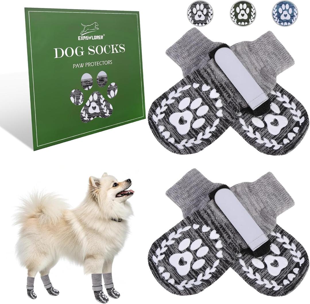 EXPAWLORER Dog Socks to prevent Licking and Slipping, Winter Dog Shoes for Cold Weather Snow, Paw Protectors for Hardwood Floors Anti-Slip, Dog Booties for Small Medium Large Senior Dogs,Black Grey XS