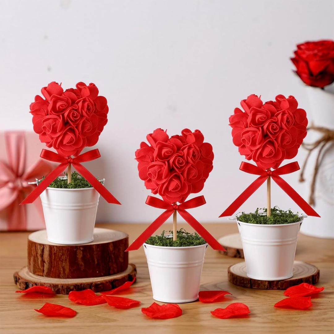 3 Pcs Valentines Day Artificial Heart Red Rose Topiary Plant with Pot 5.5'' to 7'' Red Heart Shaped Fake Tree Potted for Tabletop Centerpiece Tiered Tray Decor Gifts