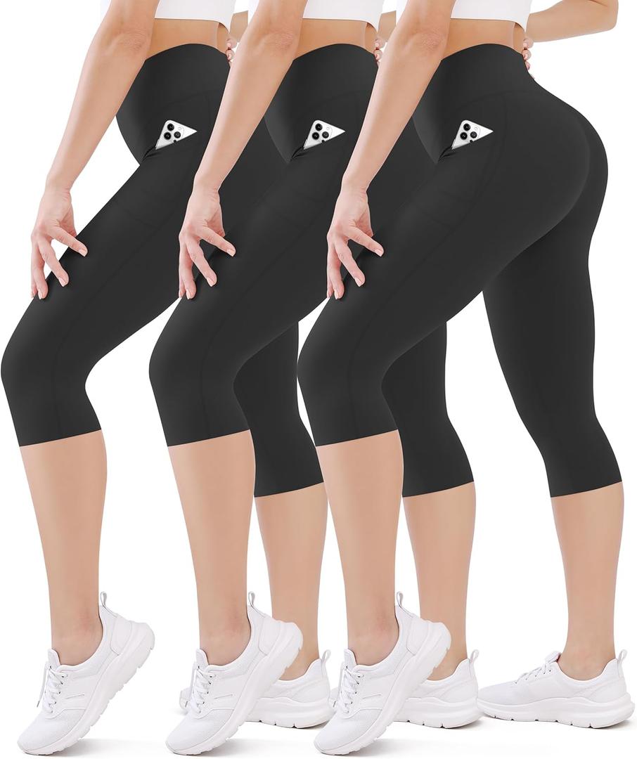 FEYHAY 3 Pack Capri Leggings for Women - High Waisted Yoga Pants with Pockets, Buttery Soft Stretchy Workout Running Cycling (Small-Medium, 04black/Black/Black)