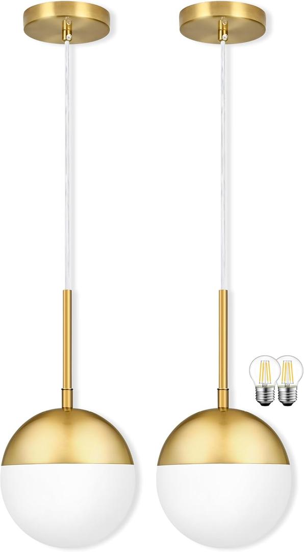 Mccokaige 6 Inch Gold 2 Pack Mid Century Modern Pendant Light Pendants for Kitchen Island Frosted Milky White Glass Globe Height-Adjustable Modern Hanging Globe Pendant Light for Bedroom (Bulb Incl)