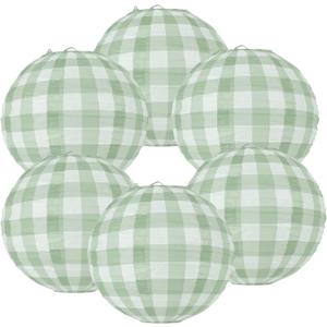 6 Pieces Sage Green Gingham Paper Lanterns Decorations - Green Checkered Party Hanging Supplies for Birthday Baby Shower Bridal Wedding