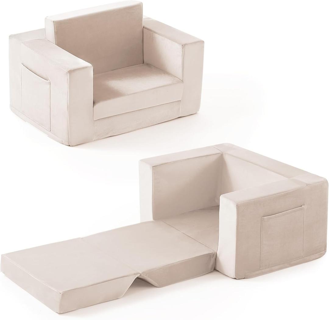 Kids Couch, 2-in-1 Toddler Chair Comfy 1-3 Years, Convertible Kids Chair, Toddler Couch That Fold Out, Kid Lounge Chairs for Boys and Girls Gifts, Kids Recliner, Beige