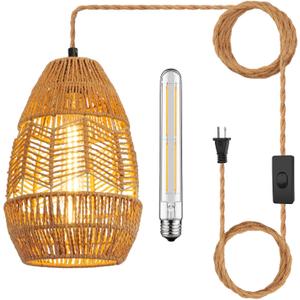 Plug in Pendant Light Rattan Hanging Lights with Plug in Cord 15FT Hemp Rope Cord, On/Off Switch Chandelier for Boho Living Room Bedroom KitchenBulb Included 11 x 7 inch (Vase shaped)