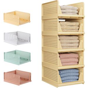 5 Pack Folding Closet Organizers Storage Box, Stackable Storage Bins, Plastic Drawer Basket Closet Storage for Wardrobe Cupboard Kitchen Bathroom Office 5L (Yellow)