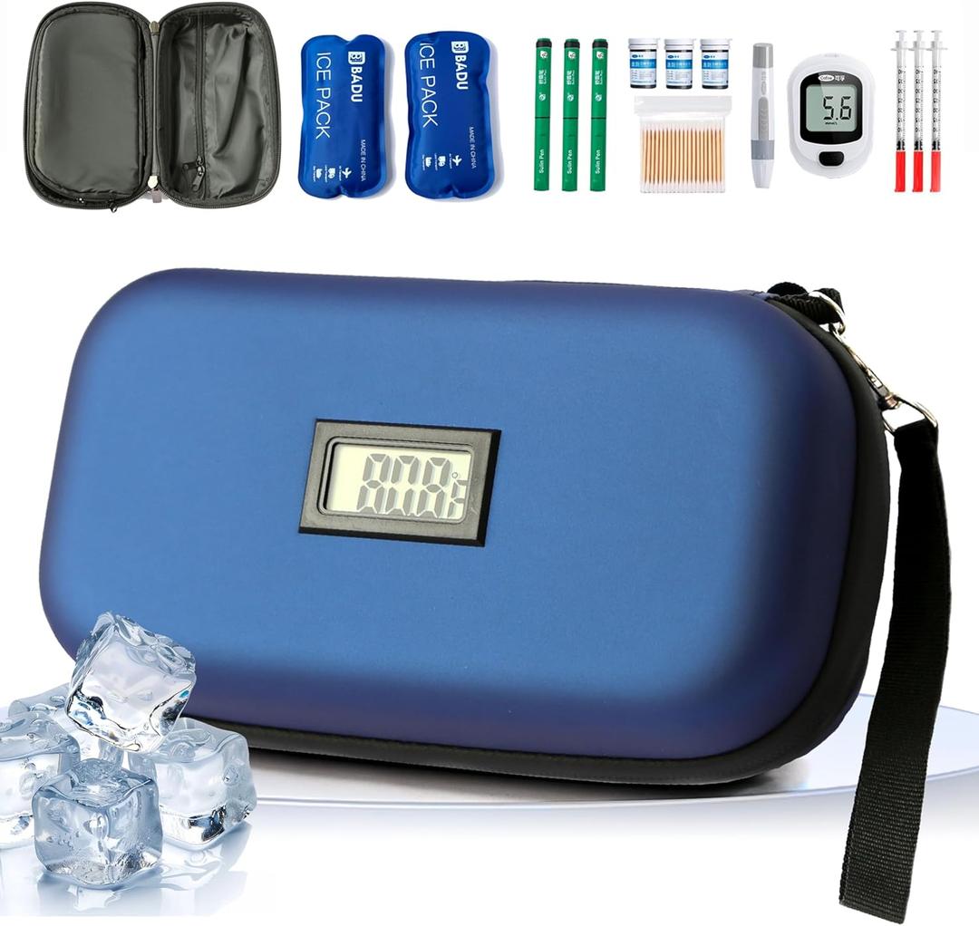 24-Hour Insulin Cooler Travel Case TSA Approved Medication Diabetic Cooler for Daily Life Trip with Thermometer Temperature Display Refrigerated Medicine Organizer Bag Includes 2 Ice Packs(Blue) (Dark Blue)
