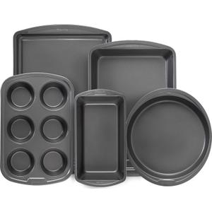 GoodCook Everyday Nonstick Steel 5-Piece Bakeware Set, Gray, Includes Cookie Sheet, Cake Pan, Loaf Pan, Muffin Pan, and Roast Pan, Durable and Scratch-Resistant Baking Set