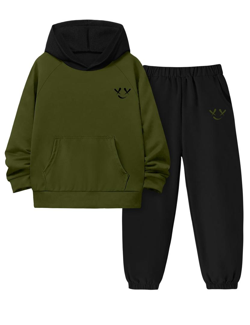 Boys Clothes Size 10-12 Youth Green Hoodies For Boys Sweatshirt Smiley Face Print And Black Sweatpants Kids Boy Fall Outfits 2pcs Sweatsuits (Green)