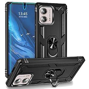 Androgate for Motorola Moto Edge Plus 2023 Case, Edge+ 2023 Case with HD Screen Protector, Military-Grade Metal Ring Holder Kickstand 15ft Drop Tested Shockproof Cover Case for Moto Edge+ 2023, Black