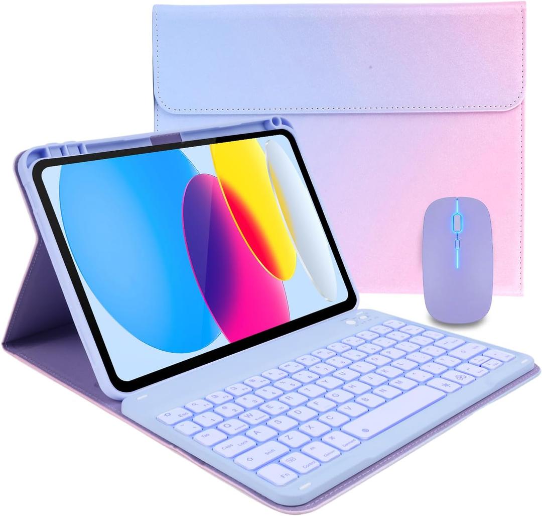 Case Keyboard for 11 inch iPad 11th (A16, 2025) / 10th Generation,Mouse and Detachable Wireless 7 Color Rainbow Backlight Magnetic Keyboard,Premium PU Leather Cover with Auto Sleep/Wake,Fantasy Ombre
