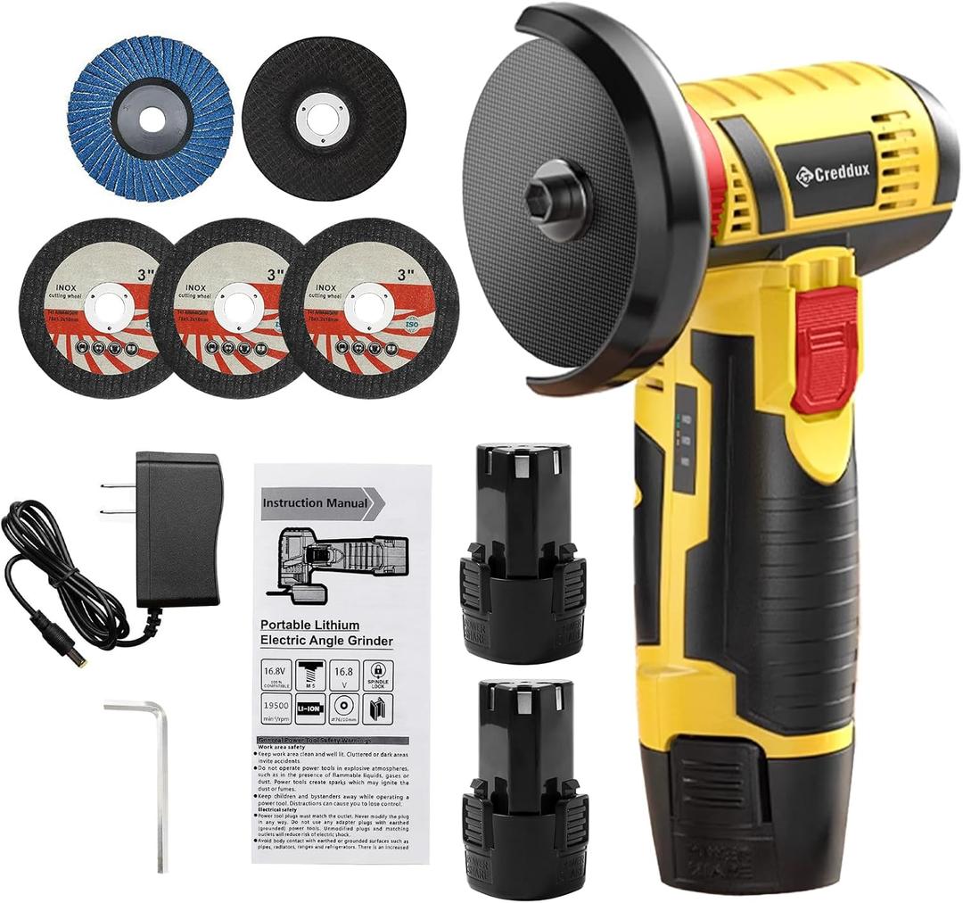 Cordless Angle Grinder, 3 Inch Mini Angle Grinder Tool With 2pcs 16.8V 2000mAh Batteries and 5 Grinding Wheel,19500rpm Metal Grinders for Cutting, Grinding and Polishing Yellow