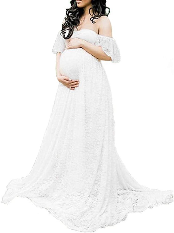 Maternity Photography Props Floral Lace Dress Fancy Pregnancy Gown for Baby Shower Photo Shoot (White, M)