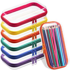 Sanwuta 6 Pcs Clear Hard Zipper Case Plastic Zipper Pouches Transparent Makeup Bag Pencil Case Pouches Toiletry Diaper Bag for Travel Toy Storage Organizer Bins (7.48 x 3.94 x 2 Inch, Assorted Color)