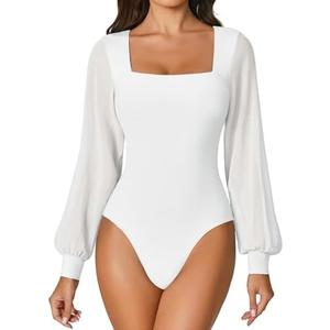 Avidlove Women Puff Long Sleeve Bodysuit Mesh Square Neck Thong Sexy Body Suits Double Lined Leotards Size XL
