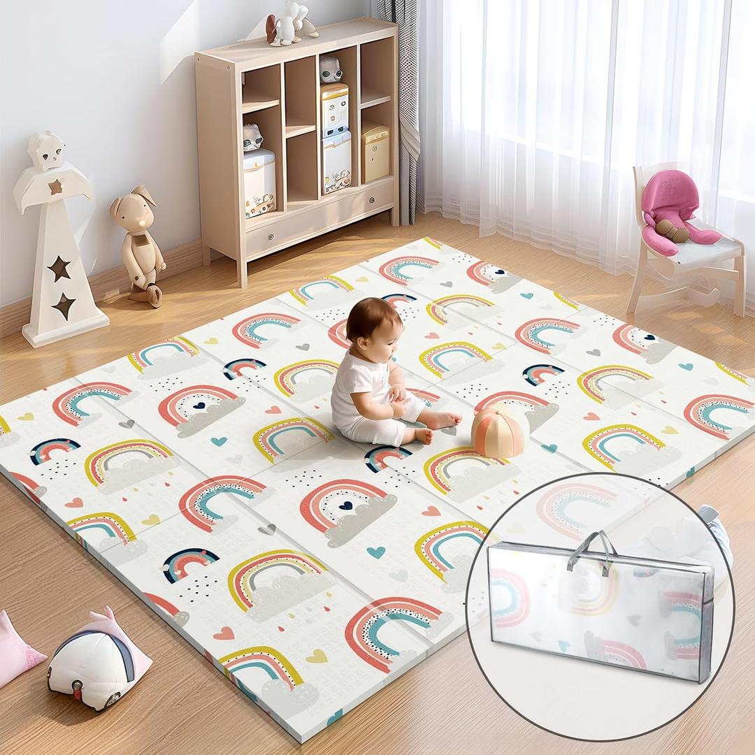 Noonkty 79x71 Extra Large Baby Play Mat for Floor, Foldable Foam Playmat for Babies 0-12 Months & Kids, Non-Toxic Waterproof Baby Mat for Floor, Thick Playpen Mat for Tummy Time Crawling, New Rainbow