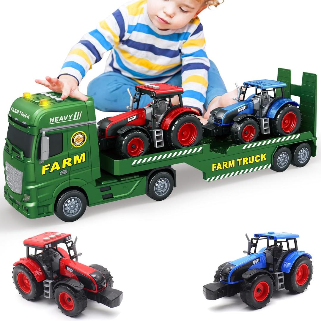 Large Flatbed Semi Truck, 25.6 Large Farm Truck Toy with 2 Tractors, Friction Powered Farm Transport Truck Tractor Toy with Light & Sound, Farm Toys Birthday Gift for Kids Aged 3-8
