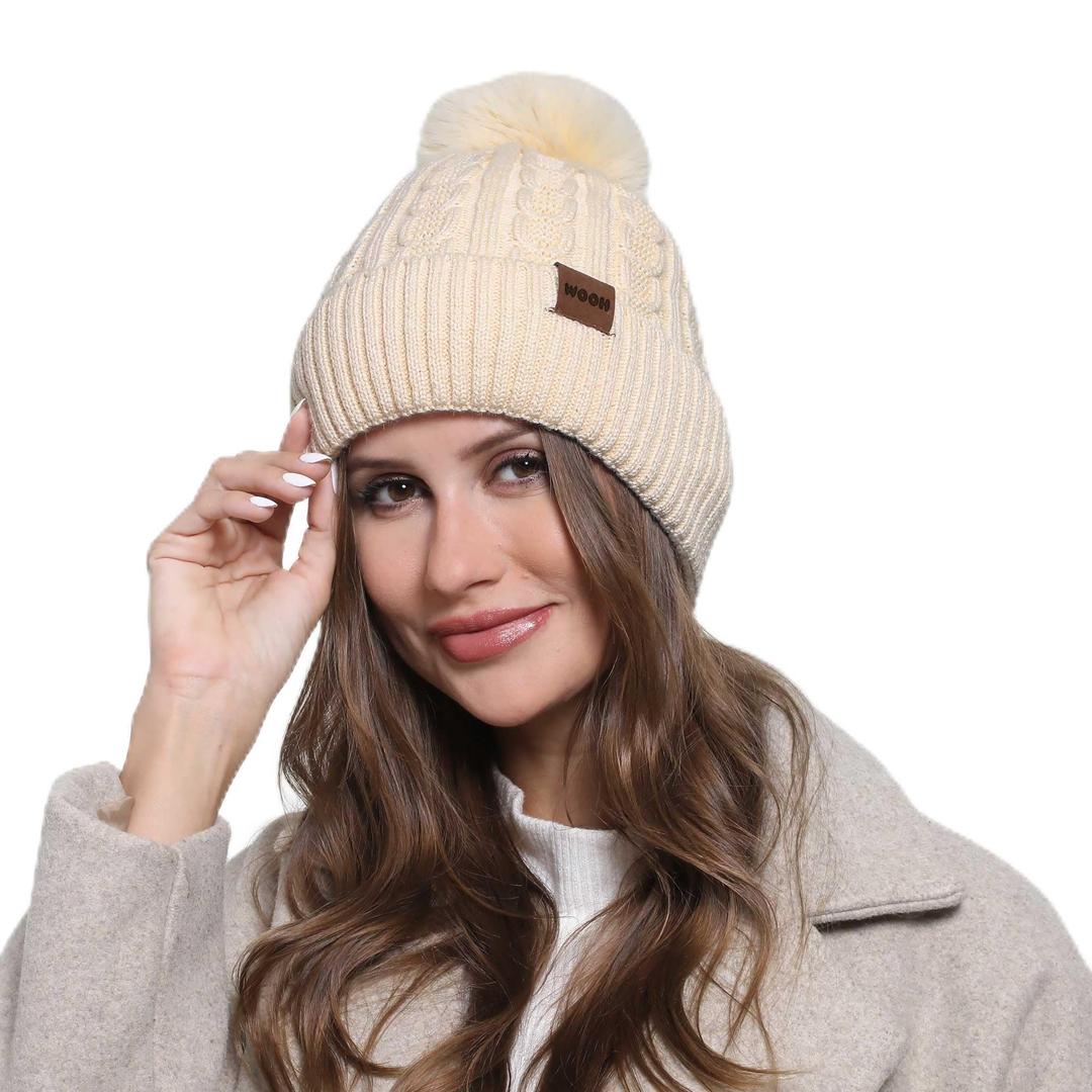 WOOH Womens Beanies for Winter,Knit Hat with Faux Fur Pom Pom Beanie for Women,Warm Fleece Lined,Less Static Beige
