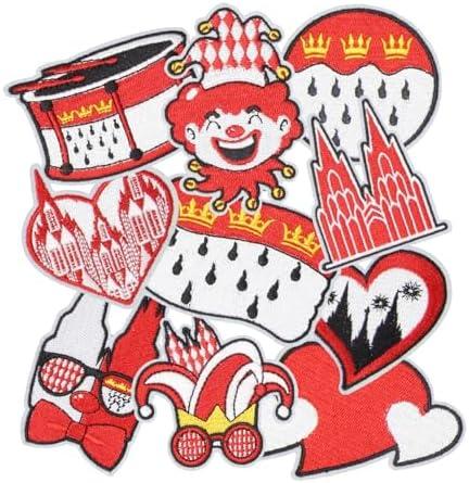 HEYTRCO 9PCS Clown Costume Iron on Patches Set, Funny Red Mardi Gras Carnival Heart Drum Embroidered Repair Patches for Clothes, Applique for Hats, Jeans, Jackets, Bags, Backpacks, Shoes (Mardi Gras),Set of 3