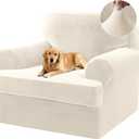 2 Pieces T Cushion Chair Covers with Arms Thick Velvet Couch Cover Stretch T Cushion Sofa Covers for Living Room Chair Cover with Individual T Cushion Covers , Washable (1 Cushion Chair, Ivory)