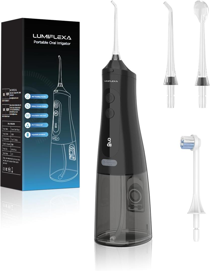 Water Dental Flosser for Teeth Pick, Cordless Flosser for Travel with 4 Jet Tips, 9 intensities, IPX7 Waterproof Portable & Rechargeable Oral Irrigator Cleaner, Black