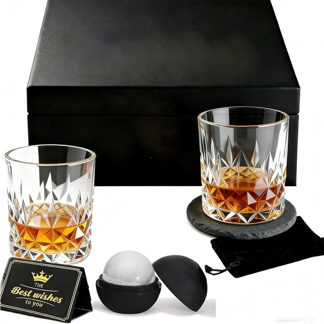 Crystal Whiskey Glasses Set of 2, 10.5 oz Old Fashioned Glasses with Large Ice Ball Molds & Slate Coasters, Lead-Free Bourbon Glass Gift Set in Luxury Box for Men, Scotch, Cocktails