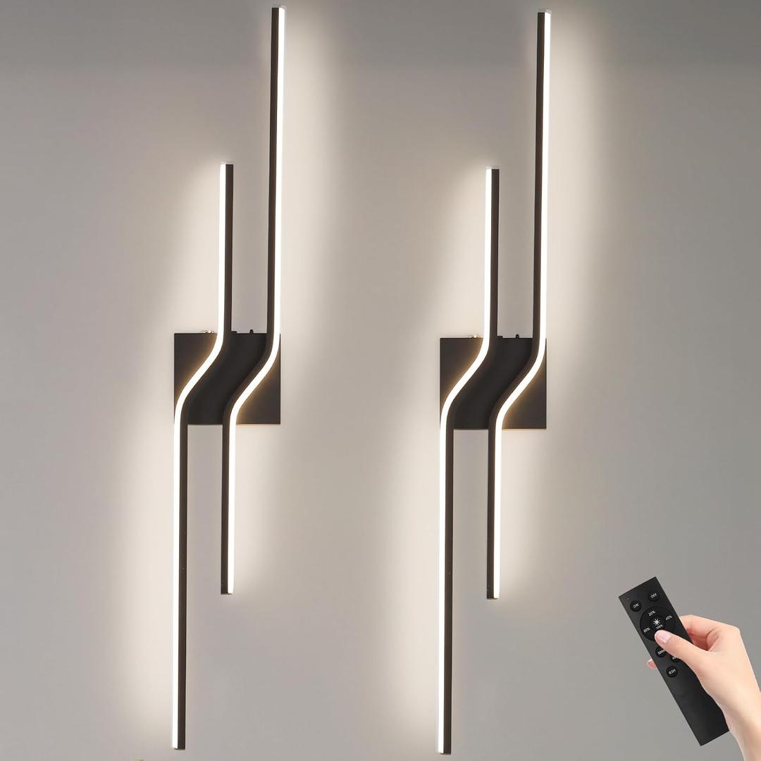 Modern Battery Operated Wall Sconces Set of 2,12000mAh Wireless Wall Sconce with Remote,39.3 Inch Rechargeable Black LED Wall Lights for Wall Decor,Dimmable Wall Lamps for Living Room,Bedroom,Hallway