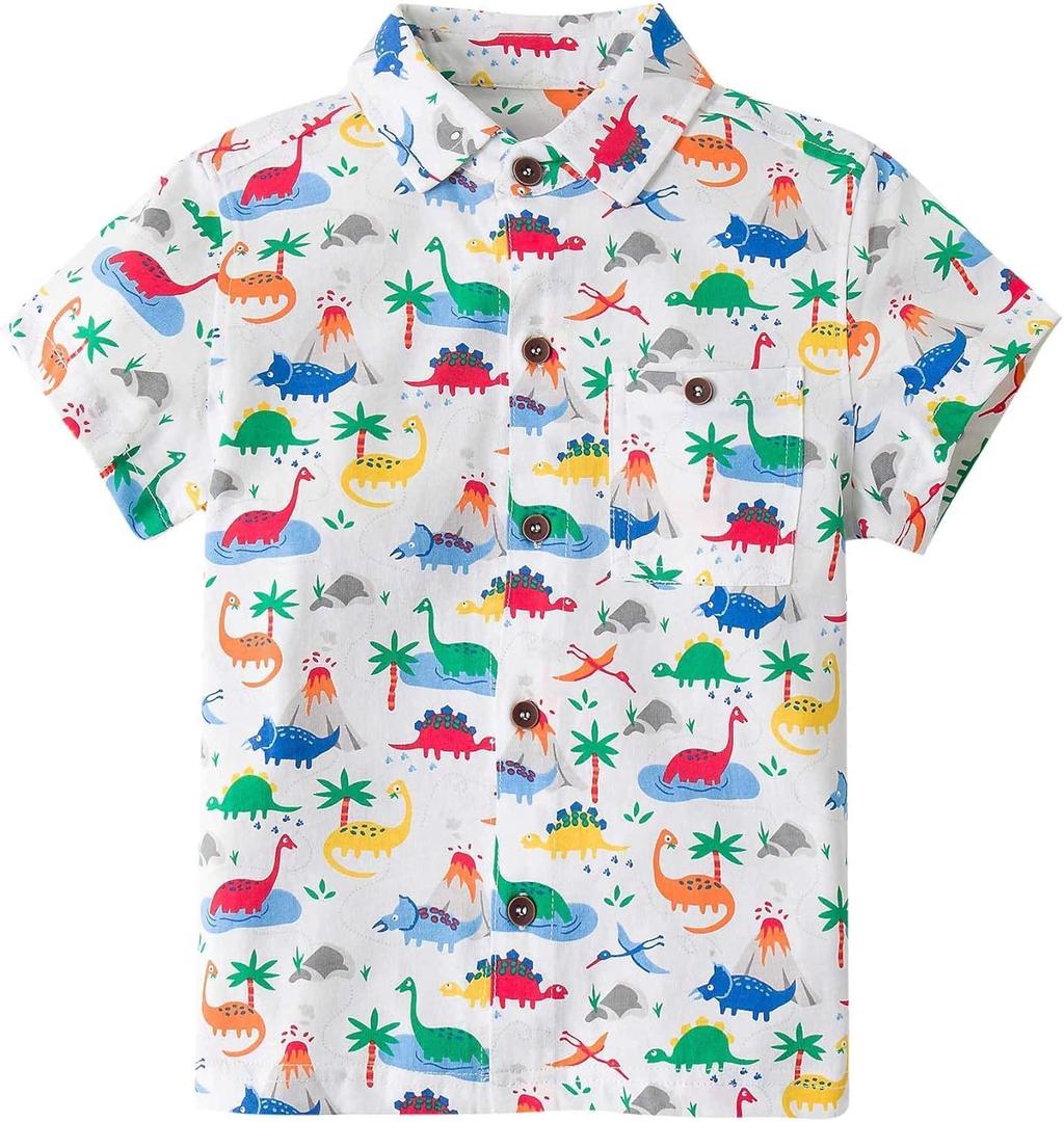 Little Bitty Toddler Dinosaur Shirt 2T Kids Boys Button-Down T-Shirts Boys' Short Sleeve One Pocket Woven Shirt, White 2-3Yrs / 2T