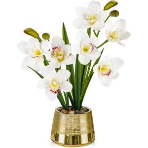 White Orchids Artificial Flowers Faux Silk Cymbidium Orchids in Gold Pot Fake White Orchid Flower Arrangements Orchid Centerpiece Faux Orchid Plant for Dining Room Table Decoration