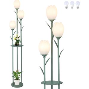 3-Light Flower Floor Lamps for Living Room, Green Floor Lamp with Shelves, Unique Tulip Standing Lamp with 3 LED Blubs, Cute Floral Tall Lamp, Modern Stand Up Light Decor for Bedroom, Kids Room
