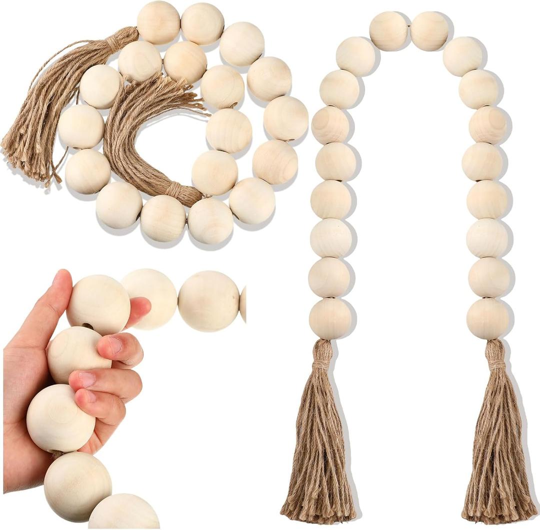 2 Pcs Large Wood Bead Garland with 1.57" Diameter Wood Beads and Tassel, Decorative Beads Boho Home Decor 40'' Long Oversized Wooden Beads Garland Table Decoration for Tiered Tray Wall (White)