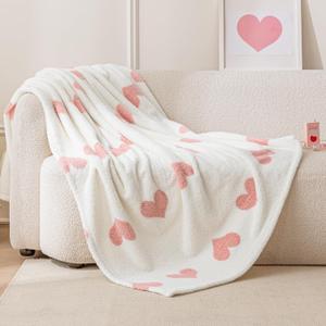 Amazon Basics Fleece Throw Blanket, Reversible Decorative Hearted Pattern for the Bed, Couch and Sofa, 50" W 60" L, Pink Heart