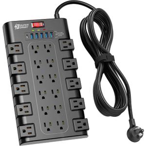 Power Strip Surge Protector, SUPERDANNY 15Ft Long Extension Cord with 6 USB Charging Ports and 22 AC Outlets, 1875W/ 15A, 2100 Joules, Flat Plug Power Outlet for Home, Office, Dorm, Gaming Room, Black