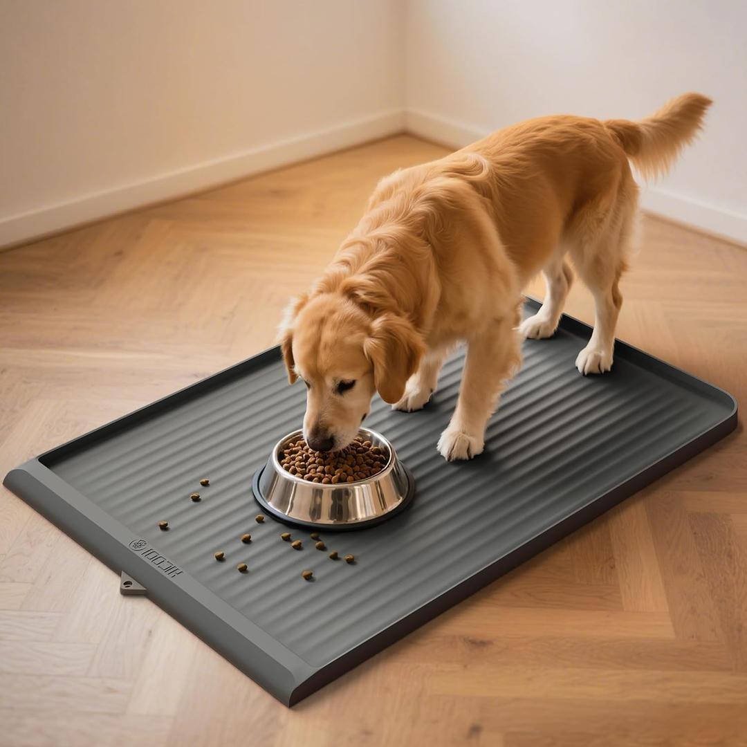 Dog Food Mat 36"x24", Waterproof Pet Feeding Mat with Diversion Grooves and Raised Edges, Large Non-Slip Dog Bowl Mat for Food and Water, Cat Food Mat for Floors, Easy to Clean, Grey