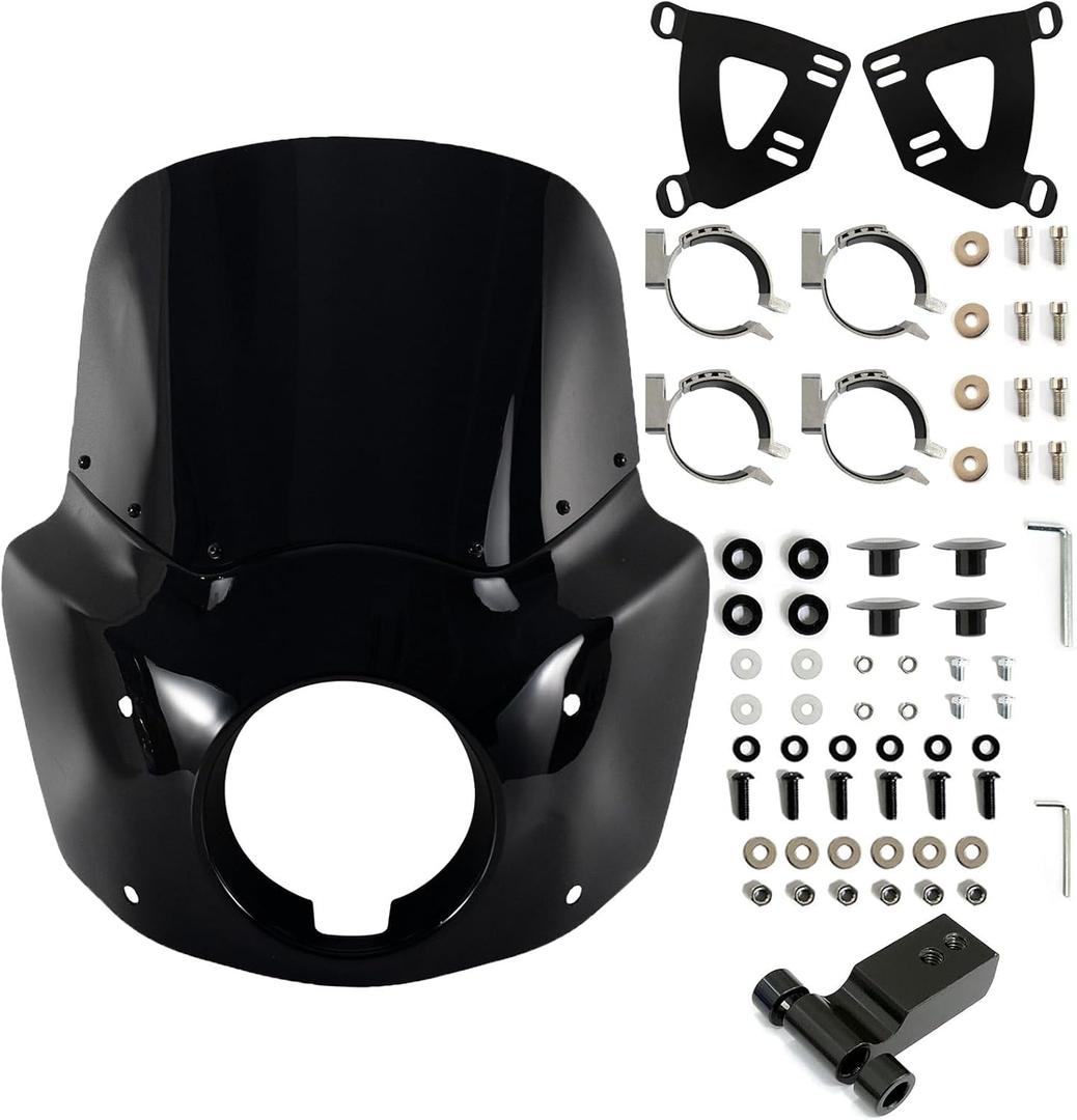 FATECIM Motorcycle 5.75" Headlight Fairing with 11" Dark Smoke Windshield Windscreen & 48-58mm Mounting Kit Headlight Extension Block For Harley 2018 2019 2020 2021 2022 Softail FXBB Street Bob