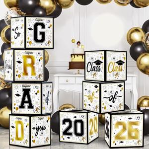 OHOME 8 Pack Graduation Decorations 2026 - Black Gold Balloon Boxes for Class of 2026 Party Favors Supplies - Graduation Party Decorations 2026 Yard Signs Banner Backdrop Decor (Black)