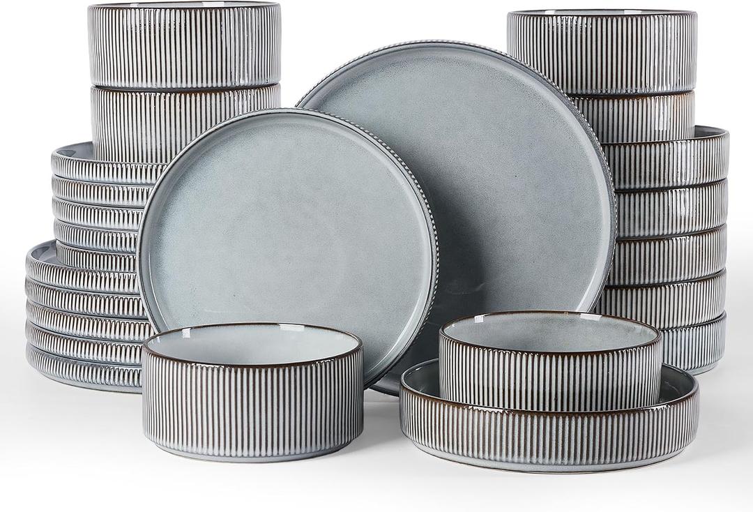Famiware Star 24-Piece Stoneware Dinnerware Sets, Service for 6 - Shallow Pasta Bowls & Flat Plates, Modern Rustic Reactive Glaze Dishes, Chip/Scratch Resistant, Microwave/Dishwasher Safe, Smoky Blue