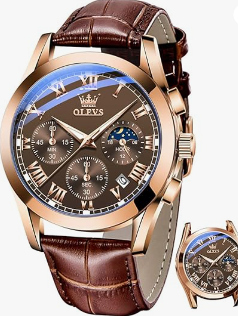 OLEVS Men's Chronograph Quartz Watches, Leather Strap Gold Case with Day Date, Waterproof Stainless Steel Wrist Watch, Luminous Hand Analog Watches for Men, Brown/Black/Blue/White Dial