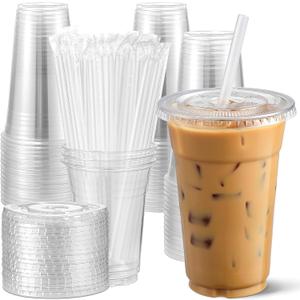 AOZITA [100 Sets Clear Plastic Cups With Lids and Straws, Disposable Cups With Lids for Iced Coffee, Smoothie, Milkshake and Cold Drinks. 20