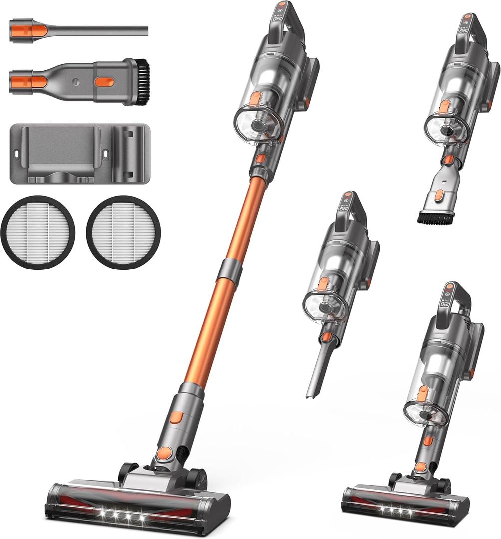 Cordless Vacuum Cleaner, 600W 50KPA 55Mins Vacuum Cleaners for Home, Stick Vacuum with LED Display, Anti-Tangle, Wall Mount, Lightweight, Rechargeable Wireless Vacumm for Pet Hair, Carpet and Floor (Orange)