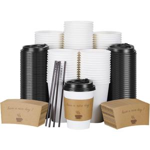 100 pack 12 oz Disposable Thickened Coffee Cups with Lids, Scald Resistant Hot Cup with Sleeve and Straw, To Go Coffee Cups for Home, Office, Cafes and Party (White 12oz) (White-100pack)