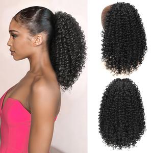 Ponytail For Black Women Drawstring Ponytail Curly Hair Short Ponytail Extension Pony tails Drawstring Hair Pieces Human Hair Feeling For Daily Use (#1B) (Medium)