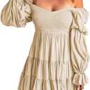 Dokotoo Women's Ladies Spring Casual Summer Dresses Casual Sexy Off The Shoulder Square V Neck Flared Long Sleeve Cute Ruffle Smocked Elegant Mini Short Birthday Dresses for Women Apricot Medium
