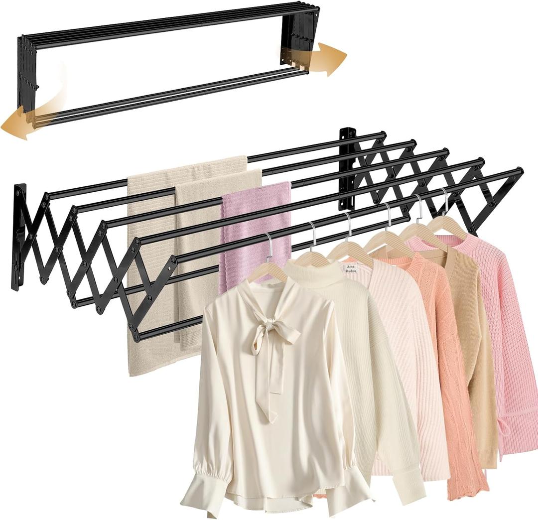 XL-31.5'' Wall Mounted Clothes Drying Rack, 130 lbs Large Capacity Rustproof Retractable Collapsible Drying Rack Easy Install with 7 Drying Rods, Space Saving Towel Clothes Rack for Laundry,Black