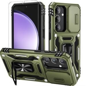 Pack of 2, WRJ for Samsung Galaxy S25 Plus/S24 Plus Case with Slide Camera Cover and Screen Protector, Military Grade Protection [Rotated Kickstand] Heavy Duty Shockproof Protective Cover-Olive Green